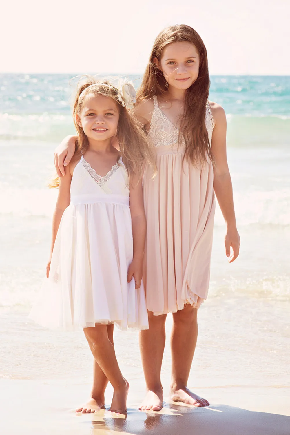 Empire Flower Girls Jurken Perfect voor Shabby Chic Rustic Beach Wedding Party Bohemian Short First Communion Jurk voor kleine meisjes