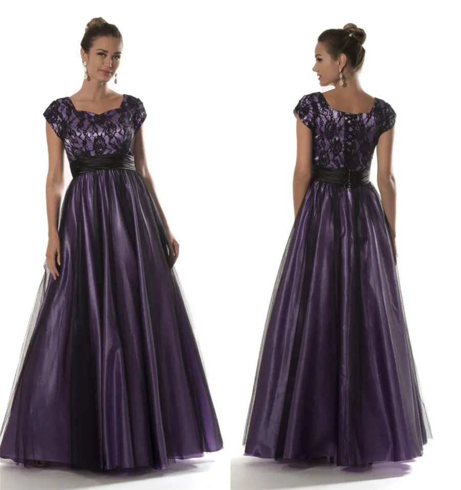 Simples Rendas Tulle Preto Roxo Longo Modest Prom Vestidos Com Mangas Cap Lace-Up Voltar A Linha Andar de Comprimento Prom Vestidos Adolescente Barato Vestido de Festa