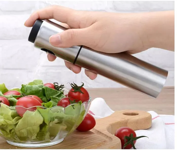 Rostfritt stål Olive Spraying Bottle Thumb Push Sprayer Oil Pump Can Pot Kök Gadget Salt Pepper Grinder Sauce Mill