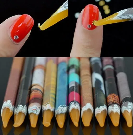 200 sztuk zbierania Rhinestone Picker Pen Drewniane Wax Pen Paznokci Manicure Narzędzie Losowy kolor KD1