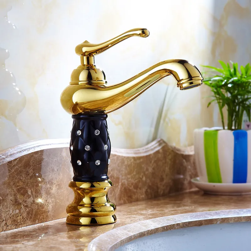 さまざまな種類の色で仕上げたソイルドブラスゴールドボディボディを飾るシングルハンドル1つの穴の浴室盆地蛇口