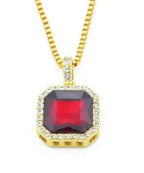 18K Vergulde Hiphop HIP - Hop Square Diamond Red Men's Necklace