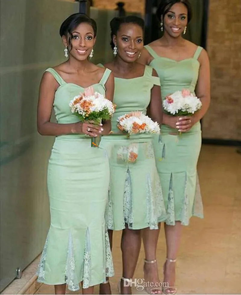 Mint Green Tea Length Bridesmaid Dresses 2018 For Arabic Women Cap Sleeves Lace Short Formal Maid Of Honor Wedding Party Guest Gowns Cheap