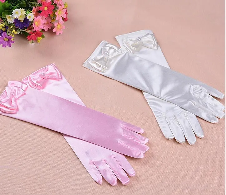 Wedding Elastic Girl Satin Long Gloves Kid Children Fancy Dress Bow Pearl Gloves Costume COS princess Mitten 3Y-8Y party favor colorful