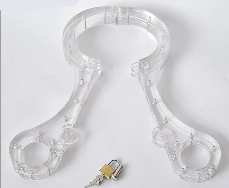 Luxury BDSM Bondage Male Female Transparent Crystal Cangue Round Neck Ring Oval Handcuffs Wrist Restraint Yoke Pillory sex toy1413427