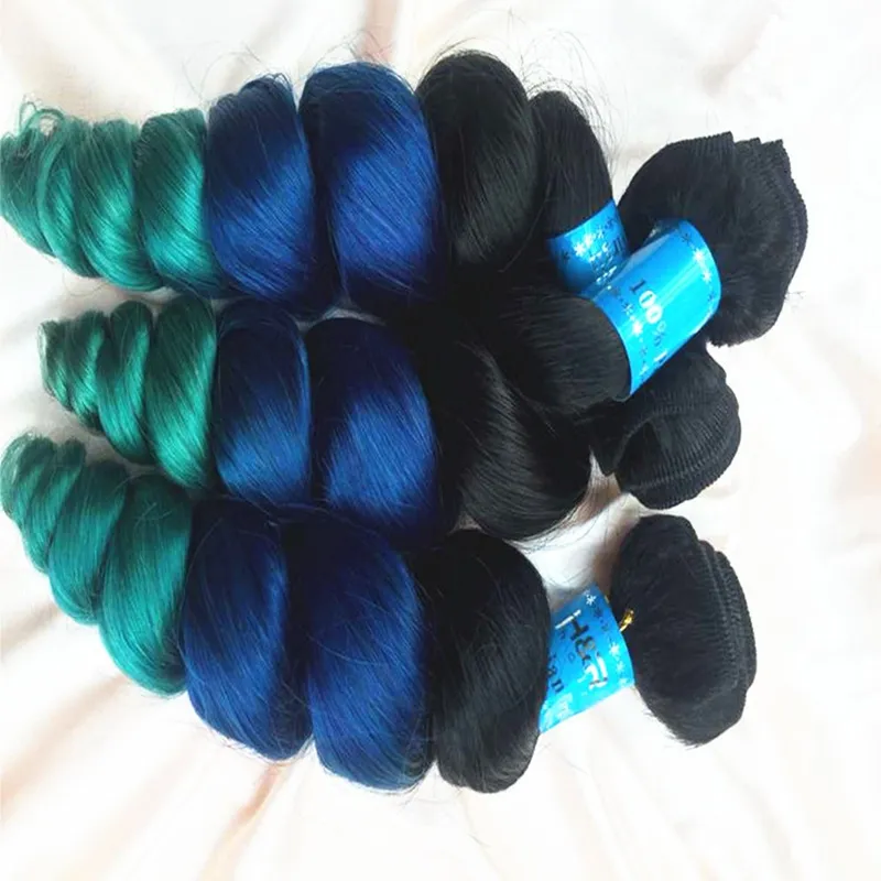 Grade 8a Ombre Hair Extension 1B Blue Green 3 Tone Weft Weft New Fashion Ombre Kolor Luźna Fala Ludzkie Wiązki Włosów 3 SZTUK