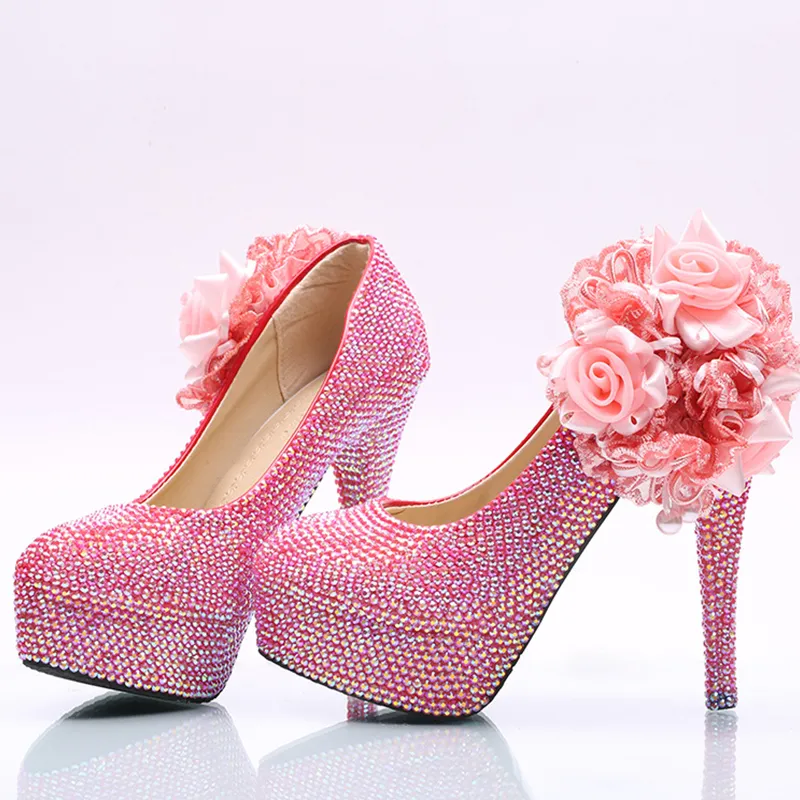 New Arrived Gorgeous Women Dress High-Heel Pink AB Color Flower Crystal Wedding Party Shoes Handmade Banquet Bridal Pumps