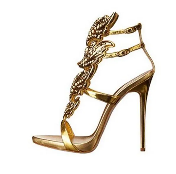 Gold Leaves Sandals Rinestones Women Pumps Thin High Heels Gladiator Sandals Charming Lady Fashion Shoes For Party