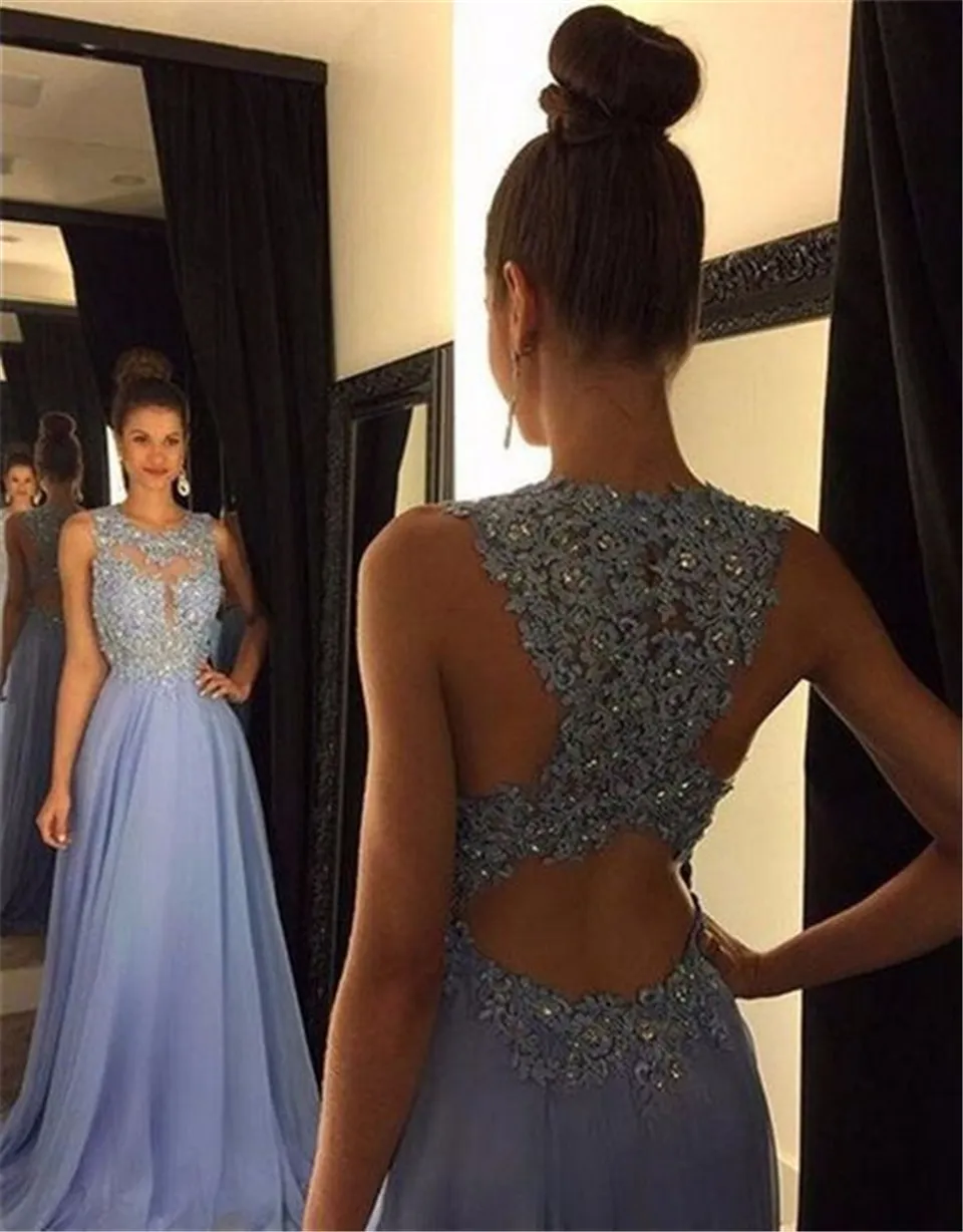 2020 Sexy Lavender Prom Dresses Chiffon Long Lace Appliques Beaded Illusion Cheap Hollow Back Prom Party Evening Dress Formal Gown8986480