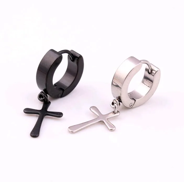Koreanska korshoopörhängen dinglande dubbar 316L rostfritt stål smycken enkla öronringar manschett örhängen för män kvinnor 10 st lot221c