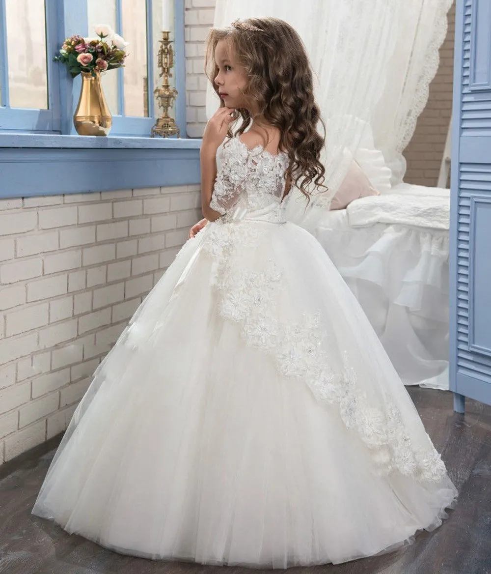 Bevin Tulle Ball Pown Flower Girls 'Dressing Bateau Wedde Bays Nayment Причастие Малыша Детские TUTU Платье