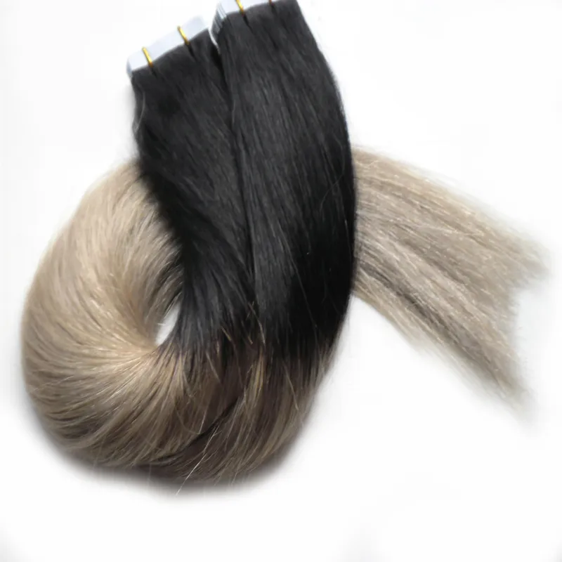 Tape ombre dans les extensions de cheveux humains Brésilien 1B / argent Extensions de cheveux gris 100g cutanée droite THEFT 7A gris ruban adtracents cheveux