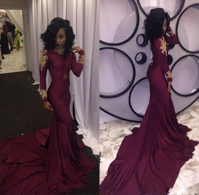 Luxury Burgundy Sydafrikanska Mermaid Prom Klänningar 2017 High Neck Gold Appliques Ruffles Tiered Mottagning Långärmad Aftonklänning Billiga