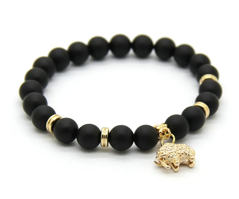 Partihandel 10PS / Parti 8mm Matt Agate Stone Real Gold Plated Elephant Charm Lucky Bracelets Party Gift