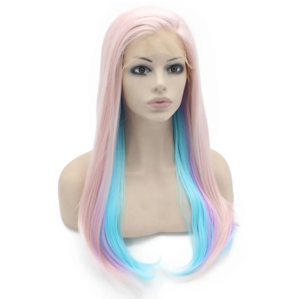 24" Long Baby Pink Blue Straight Heat Friendly Synthetic Hair Lace Front Three Tone Wig S02