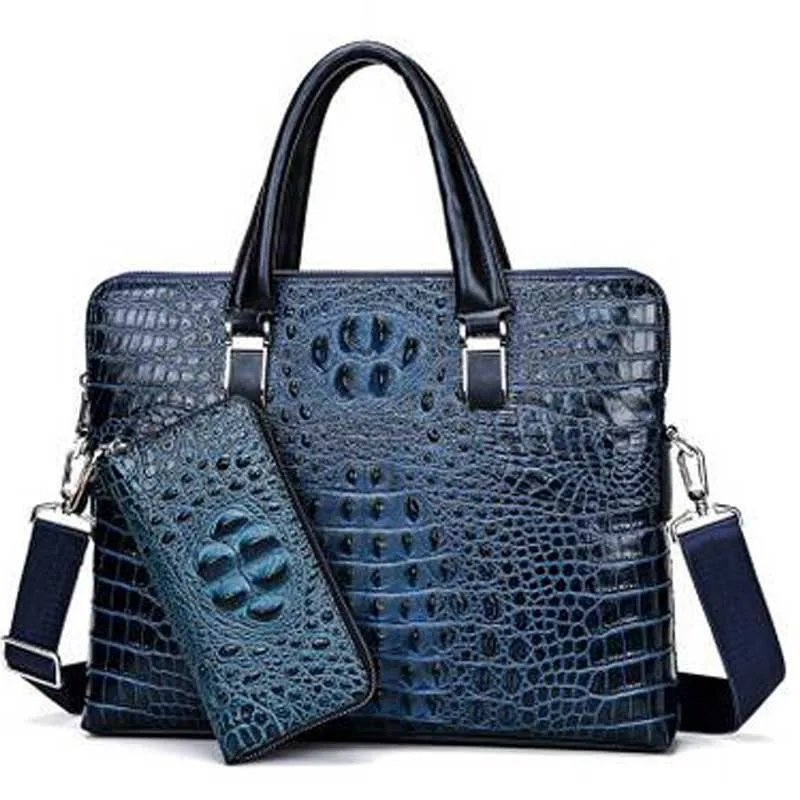 Men's luxury crocodile pattern briefcase 100% leather bag brand-name fashion notebook computer bag 13-inch handbag messenger bag