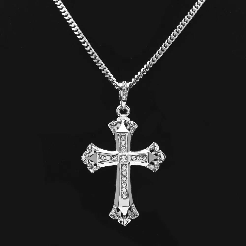 Hiphop Catholic Big Cross Pingente Colar 18K Cadeia de prata dourada Pingentes longos para homens presentes de mulheres presentes