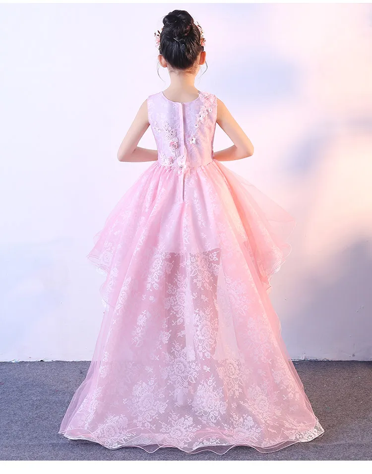 Elegant Appliques Pink Lace Flower Girl Wedding Dress Long Trailing Girl Birthday Prom Formal First Communion Gown Baby Baptism Dresses
