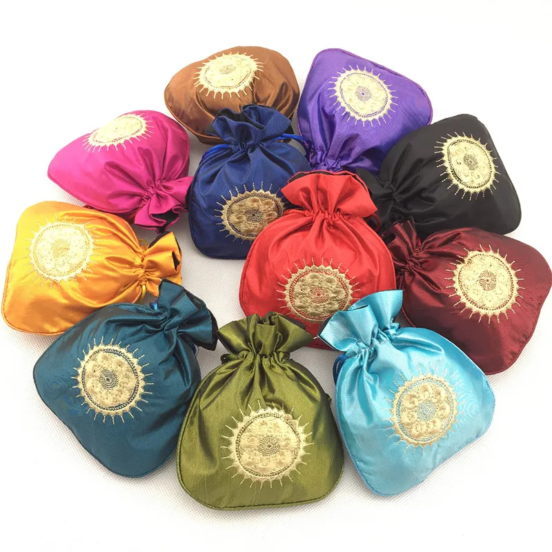 Embroidery Sun Small Gift Bags for Jewelry Packaging Pouch Satin Cloth Drawstring Dried flowers spices Coin Storage Pocket Sachet 50pcs/lot