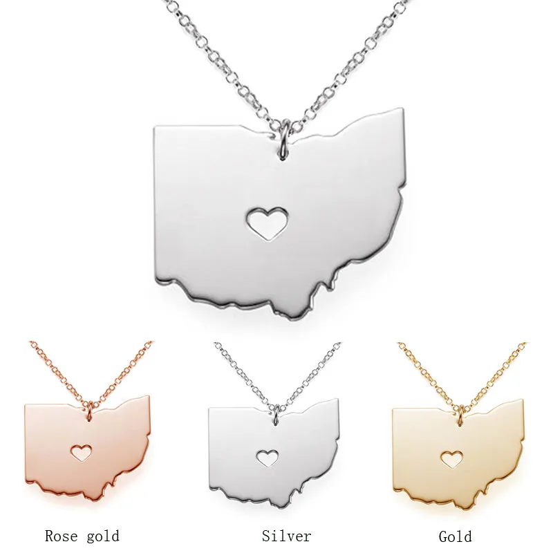 Ohio Map Stainless Steel Pendant Necklace with Love Heart USA State OH Geography Map Necklaces Jewelry for Women and Men