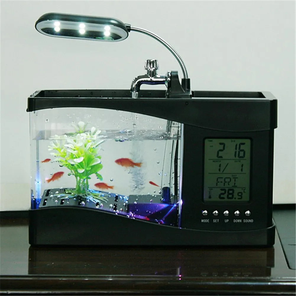 Aquarium Lights Mini USB med LCD-skärm Display Desktop Fisk Tank Led Clock Table Lampa Vit Svart
