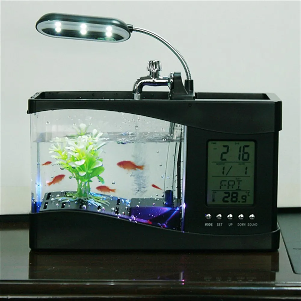 Aquarium Lights Mini USB with LCD Display Desktop Fish Tank LED Clock Table Lamp White black