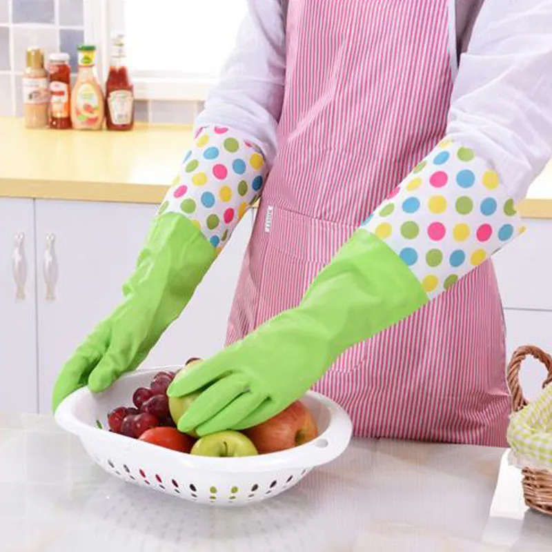 Thick Polar Fleece Inside Long Anti Cold Latex Gloves Cleaning Gloves Rubber Gloves for Gardening Dish Washing 