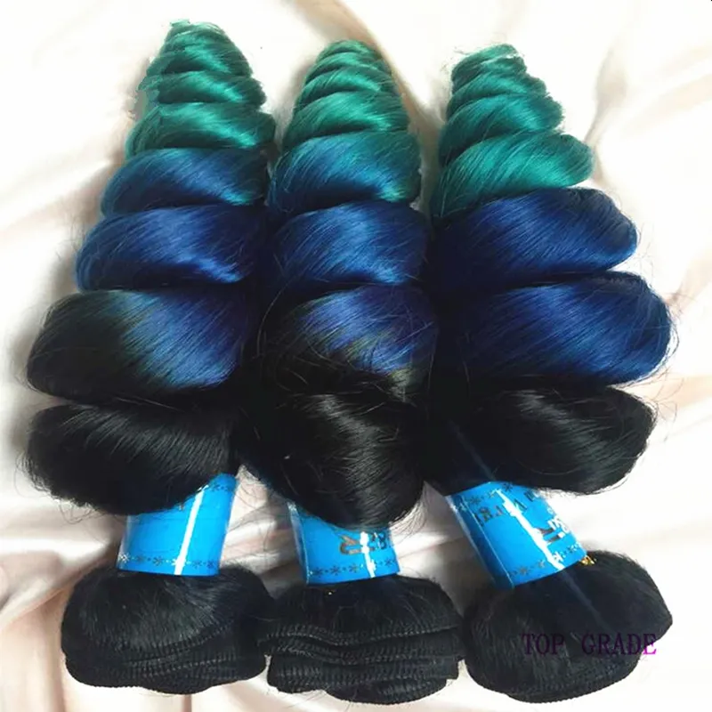 Extensiones de cabello ombré de grado 8A, 1B, azul, verde, 3 tonos, trama de cabello, nueva moda, Color degradado, extensiones de cabello humano ondulado suelto, 3 uds.