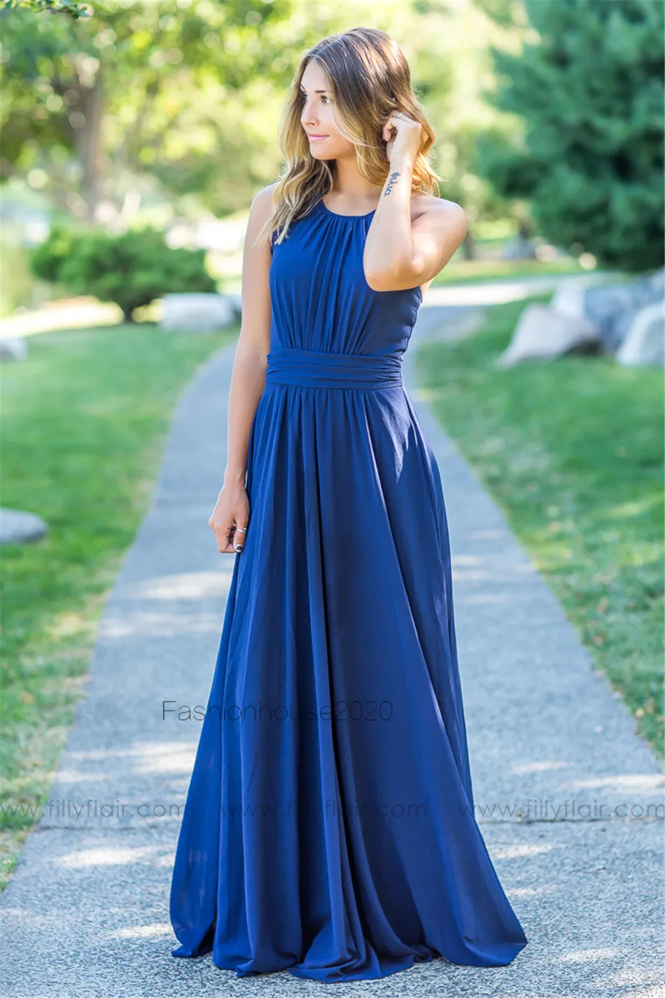 Royal Blue Chiffon Country Bridesmaid Dresses Long Lace Edge Halter