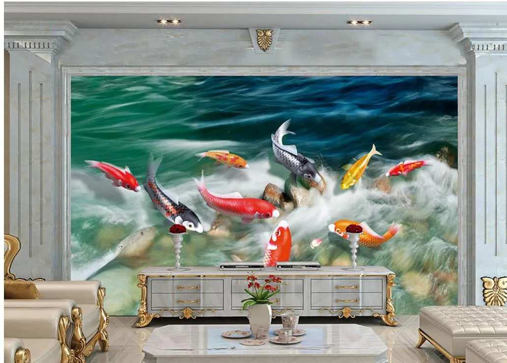 Alta definición nueve peces pintura mural decoración de la pared pintura mural papel pintado 3d papeles de pared 3d para el telón de fondo de la televisión