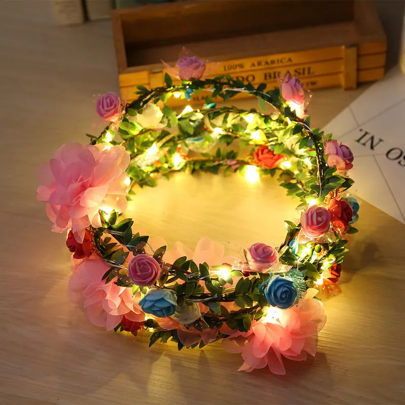 Mode Kvinnor Led Rosor Blommor Huvudband Glödande Blinkande Light-Up Flower Hair Garland Wreath Party Bröllop Tillbehör ZA3497