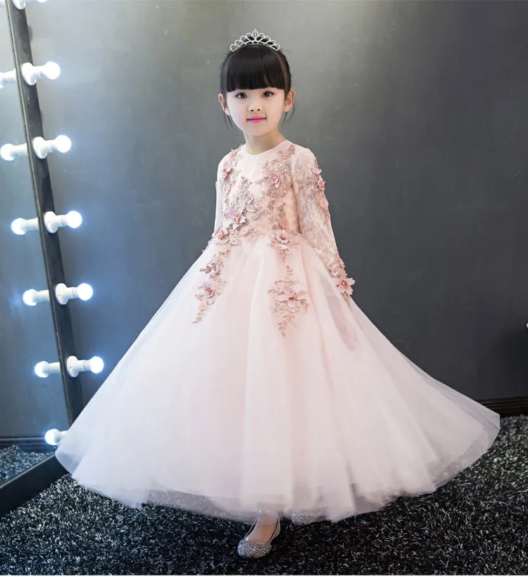 Nouvelle Arrivée Rose Tulle Exquis Dentelle Fleur Fille Robe Cheville Longueur Baptême Fête De Bal Princesse robe Filles De Mariage Robe D'anniversaire