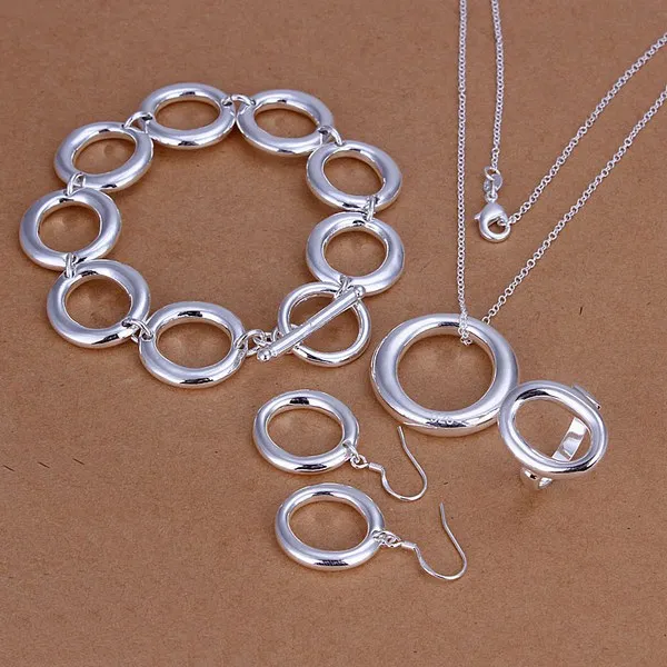 bröllop fyrverkerier sterling silver pläterade smycken set för kvinnor es329, mode 925 silver halsband armband örhängen ring set