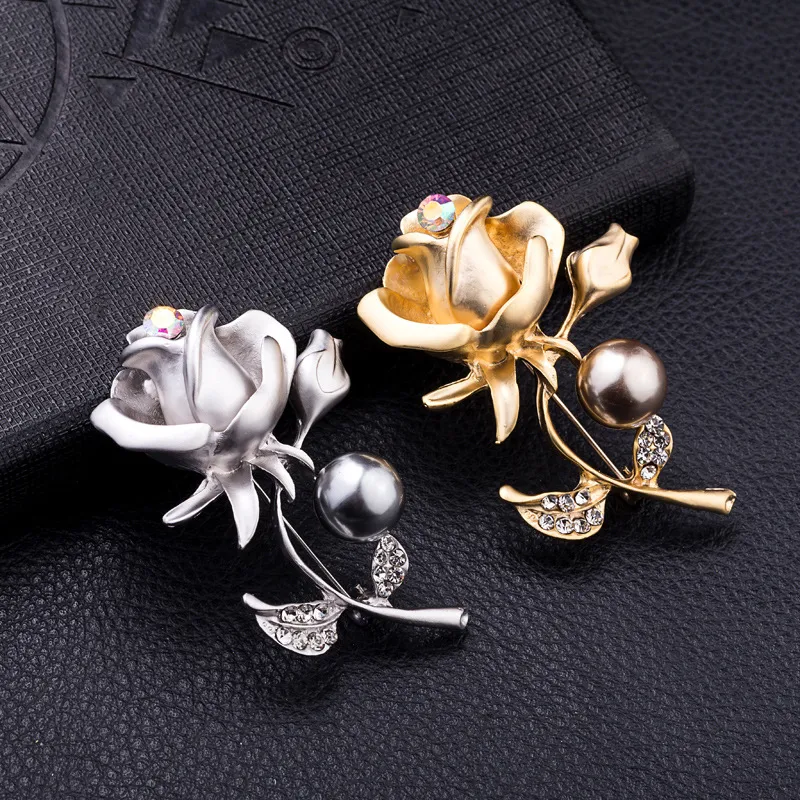 Korean women diy brooch roses pearl diamond brooches Fashion alloy brooches jewelry