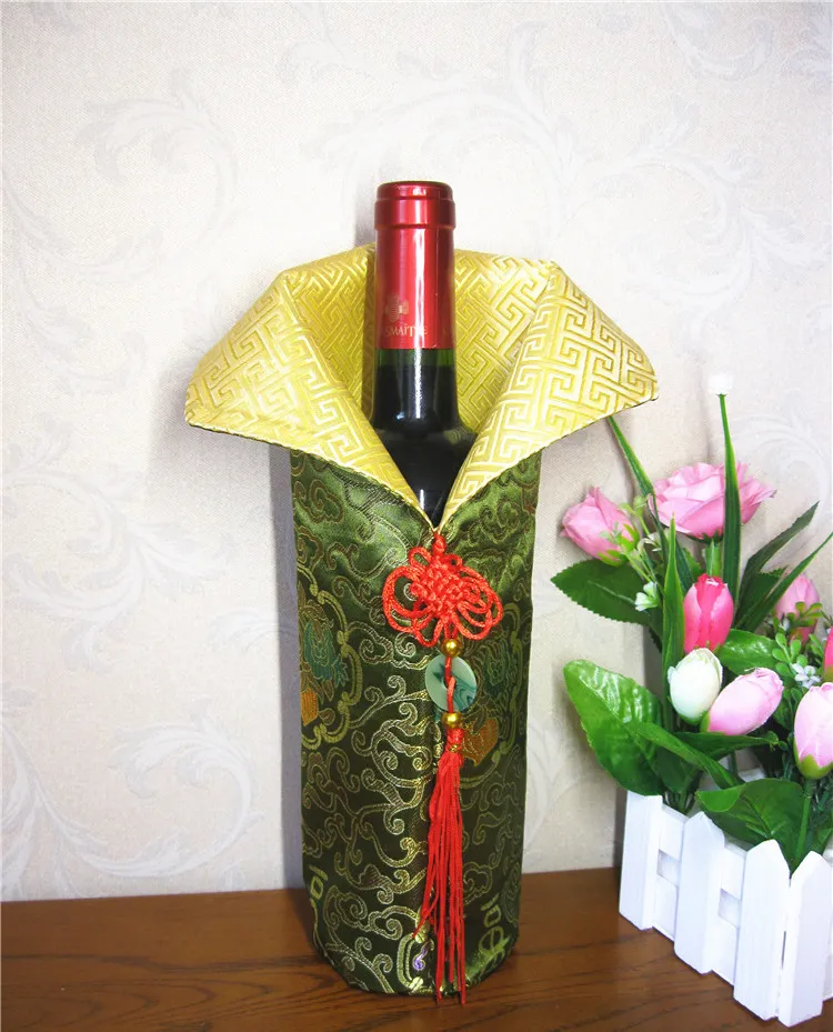 Kinesisk handgjord silke vinflaska med kinesisk knut nyår julbord dekoration flaska täcker väskor