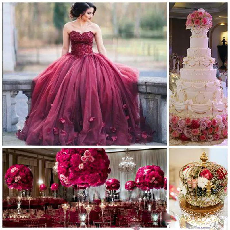 Dark Red Ball Gown Prom Dresses Sweetheart Lace Tulle Petal Embellished Floor Length Evening Gowns 2017 Sweet 16 Dresses