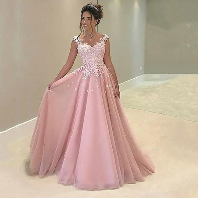 Custom Made A-line Tulle Lace Rosa Elegante Moda Longos Vestidos de Noite Vestido de Festa À Noite Árabe Vestidos de Noite Vestidos