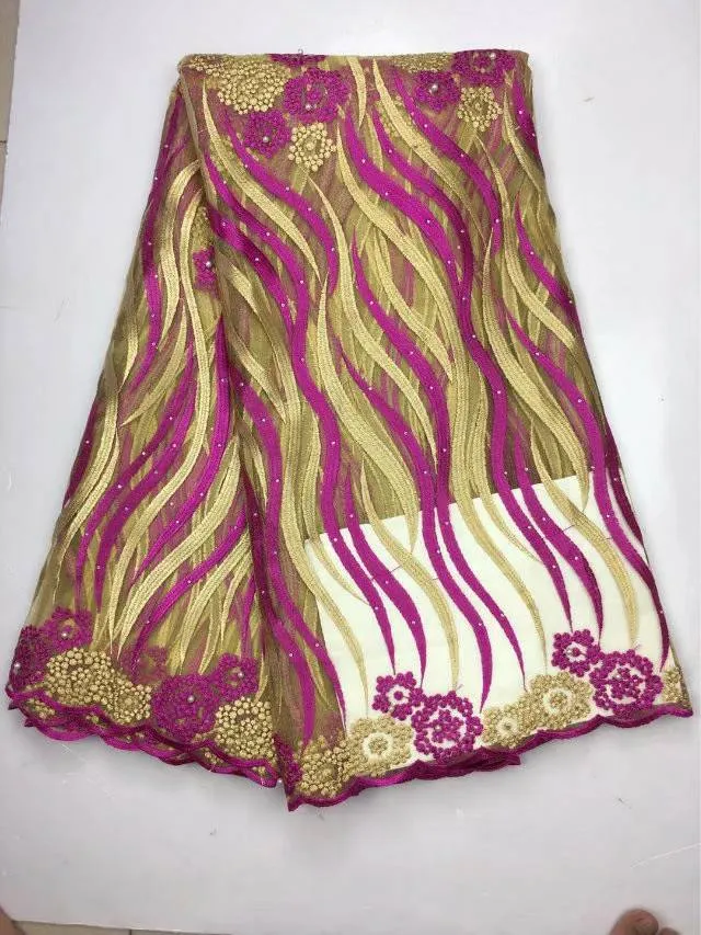 5 yardas/pc hermoso bordado verde y fucsia encaje de red francés con diamantes de imitación tela de encaje de malla africana para vestido CF8-7