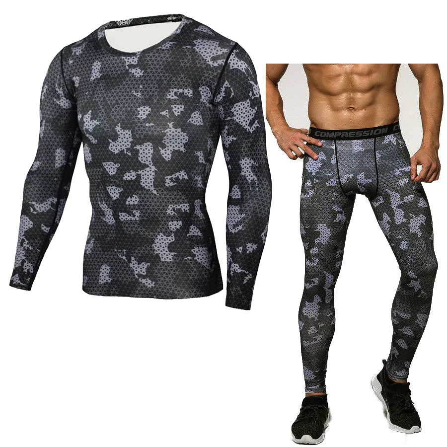 Toptan-Kamuflaj Sıkıştırma Gömlek Giyim Uzun Kollu T Gömlek + Tayt Spor Setleri Hızlı Kuru CrossFit Moda S-3XL Suits