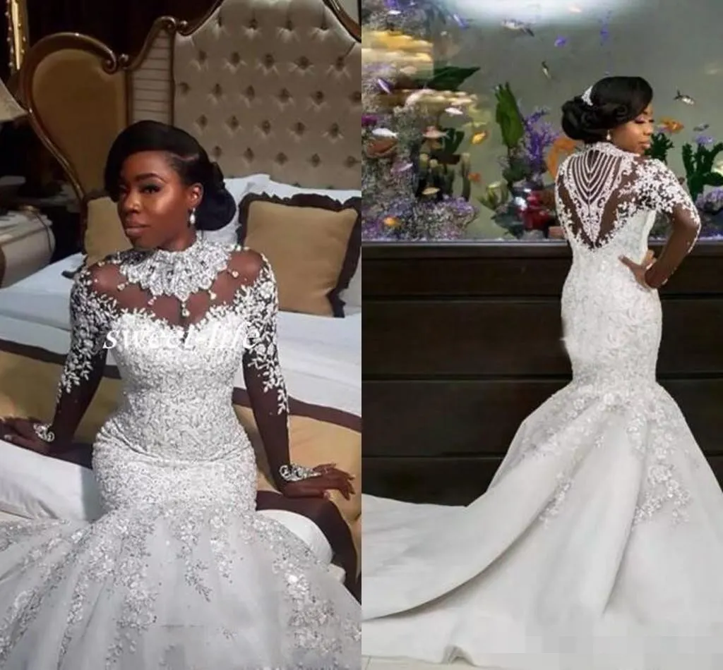 Vestidos de casamento da sereia glamourosa africanos 2019 contas de luxo Cristal de cristal pescoço longo mangas compridas applique vestidos nupciais vestido de noiva