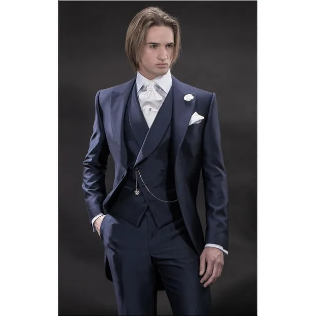 Smoking da sposo blu navy stile mattutino Groomsmen con risvolto a punta Abiti da uomo per uomo Abiti da uomo Blazer da uomo (giacca + pantaloni + gilet + cravatta) NO: 464