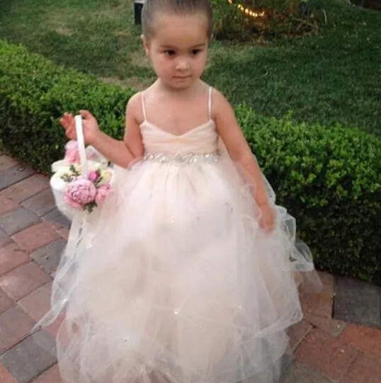 Pageant Dresses For Girls Spaghetti Sleeveless Flower Girl Dresses White Ivory Champagne Kids Ball Gowns Wedding Dress Sash Beading Belt