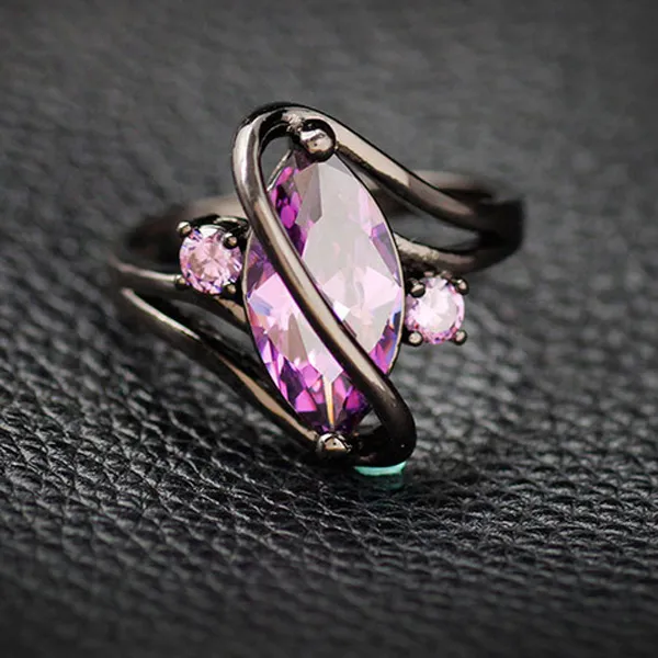 Luxury Sapphire Purple Zirconia Gun Black Alloy Band Rings for Women Fashion Party Engagement Ring Jewelry Lady Giftssize 7,8,9,10