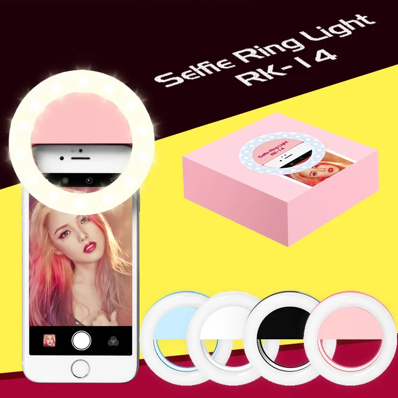 RK14 oplaadbare selfie ring licht met led-camera fotografie flits lichte selfie lichtgevende ring met USB-kabel universeel voor alle telefoons