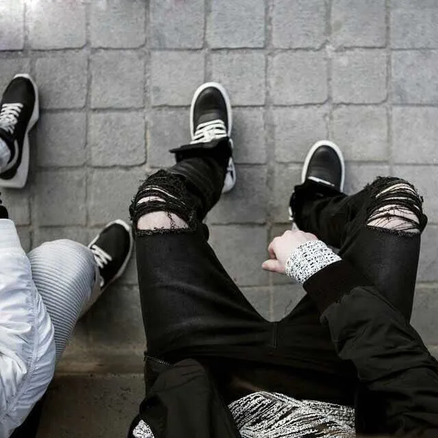 Erkek kot moda erkek düz slim fit bisikletçinin pantolon sıkıntılı sıska yırtık yırtık kot yıkanmış hip hop pantolon siyah