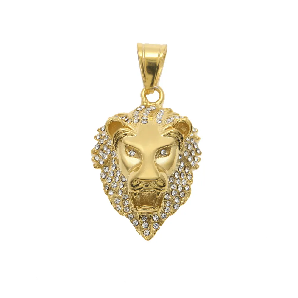 Hip Hop Rhinestone Iced Out Lion Head Pendant Halsband 18K Guldpläterad Bling Charm Pendants för Kvinnor Män