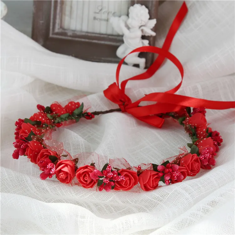Corona de rosas Bohemia Corona hecha a mano Corona de boda de la boda tocado de novia Tadera de cabello Accesorios para la banda del cabello para mujeres Lady6364723