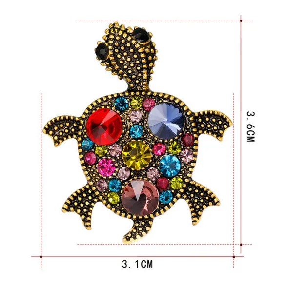 New Design Vintage Multicolor Crystal Tortoise Brooches Antique Gold Alloy Rhinestone Animal Costume Pins Fashion Breastpin Party Jewelry