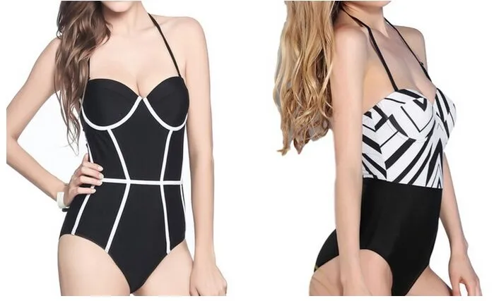 Kobiety Monochromatyczne stroje kąpielowe Bandeau Sexy Siatki Swimsuit Monokini Swimwear One Piece Body