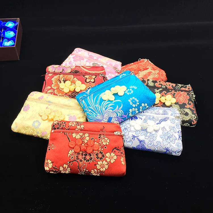 Elegante vintage kleine vrouwen portemonnee dubbele rits tassen chinese zijde brokaat portemonnee sieraden opbergtas creditcardhouder 50pcs / lot